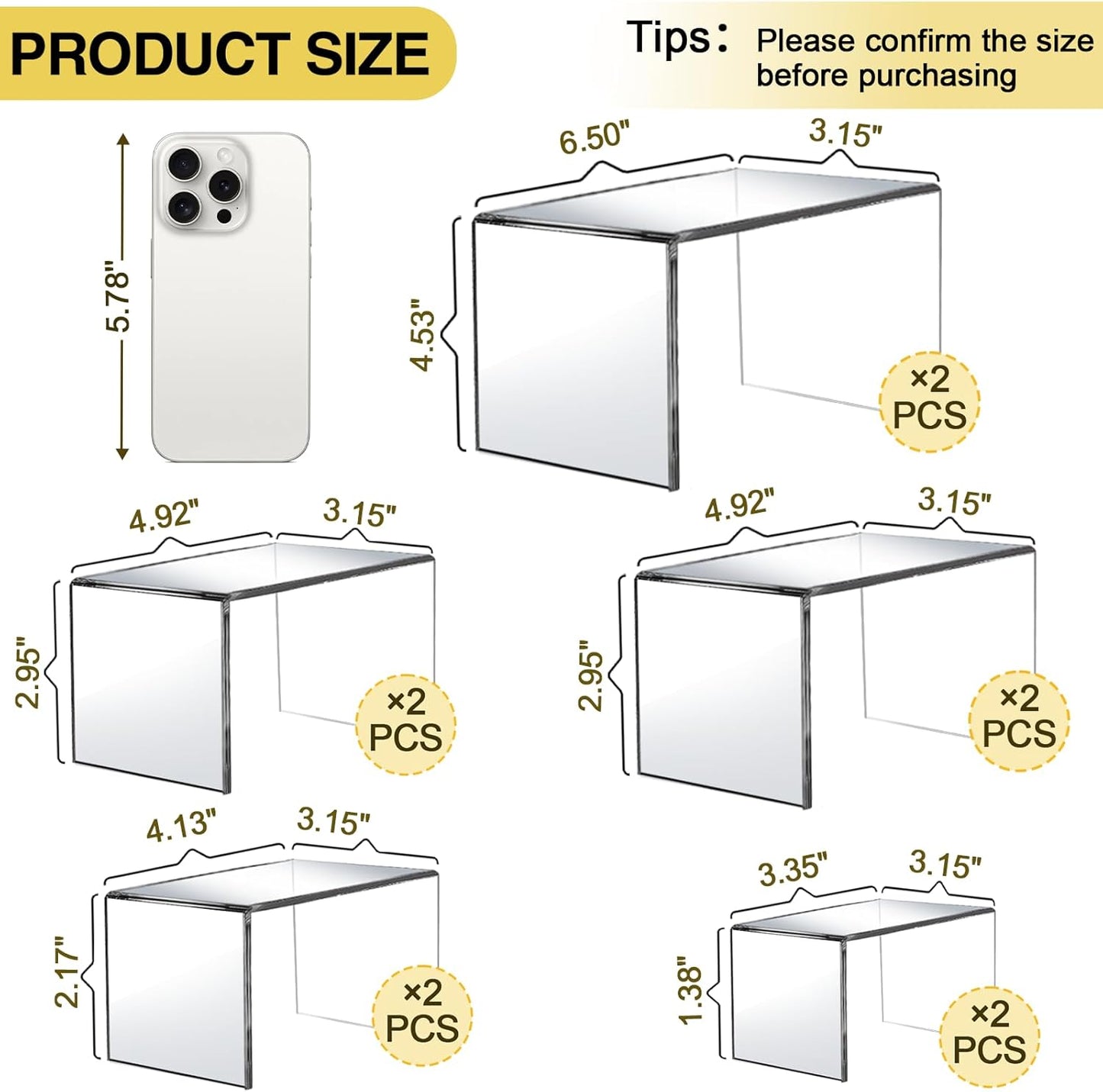 10 Pcs Acrylic Display Risers, 2 Sets Small Size Acrylic Risers Display Stands, 0.15" Thick Clear Shelf Riser, Risers Display Stands for Dessert, Candy, Figure, Perfume, Jewelry Showcase