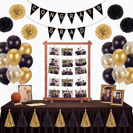 Novabright 36 Pcs Graduation Wooden Photo Display Board Set Wooden Picture Frame Decor Congrats Grad Banner Tassels Paper Flowers Balloon Class of 2026 Graduation Party Decor