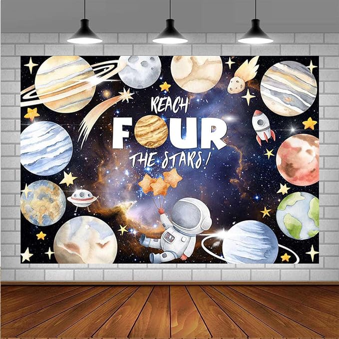 Reach Four The Stars Space Theme Children Birthday Background 4th Birthday Party Kids Astronaut Themed Birthday Party Decoration Boy Girl Birthday Party Photography Decorations Banner (8X6FT)