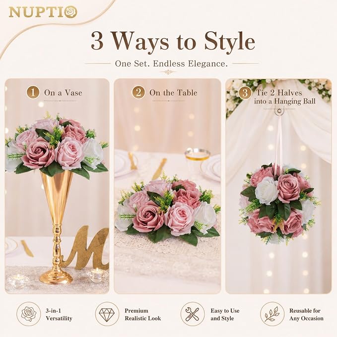 NUPTIO Flower Balls for Wedding Centerpieces - 6 Pcs 9.5 inch Diameter Fake Flower Ball Arrangement Bouquet Party Centerpieces for Tables - Dusty Rose Bouquet Centerpiece Flowers for Wedding Table | 6 Pcs 9.5 inch Diameter, Artificial Rose Bouquet Arra...