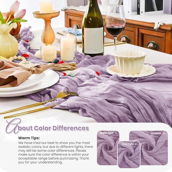 12 Pack Purple Cheesecloth Table Runner, 10FT Violet Amethyst Cheesecloth Rustic Boho Table Runner Long Romantic Semi Sheer Table Runner for Wedding Birthday Bridal Party Decorations(21.5×120 Inch)
