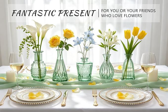 SUPMIND Glass Bud Vase Set, 6pcs Small Green Flower Vases for Table Centerpieces in Bulk, Mini Vintage Vase for Wedding, Home, Table Decoration