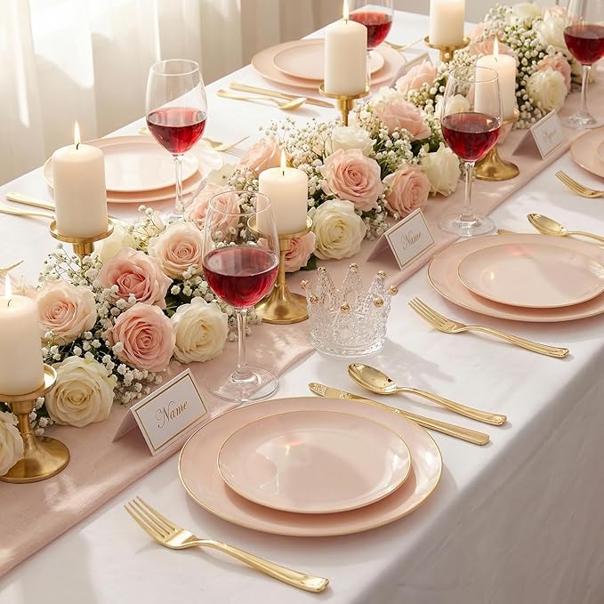 KIRE 175PCS Pink Plates Disposable - Heavy Duty Pink and Gold Plastic Plates Dinnerware Sets - 25 for Dinner 25 for Dessert 25 Pre Rolled Napkins 25Cups for Spring/Wedding/Mother's Day/Baby Shower