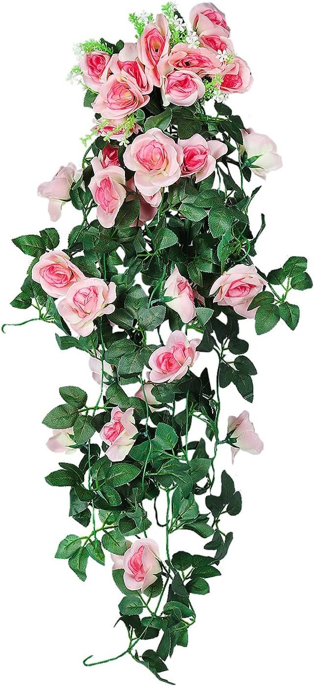 RECUTMS 2PCS Artificial Hanging Rose Flower Plants, 37Inch Light Pink Fake Silk Floral Ivy Garlands for Outdoors Home Room Garden Wedding Arch Bridal Shower Valentine's Mother's Day Indoor Party Decor