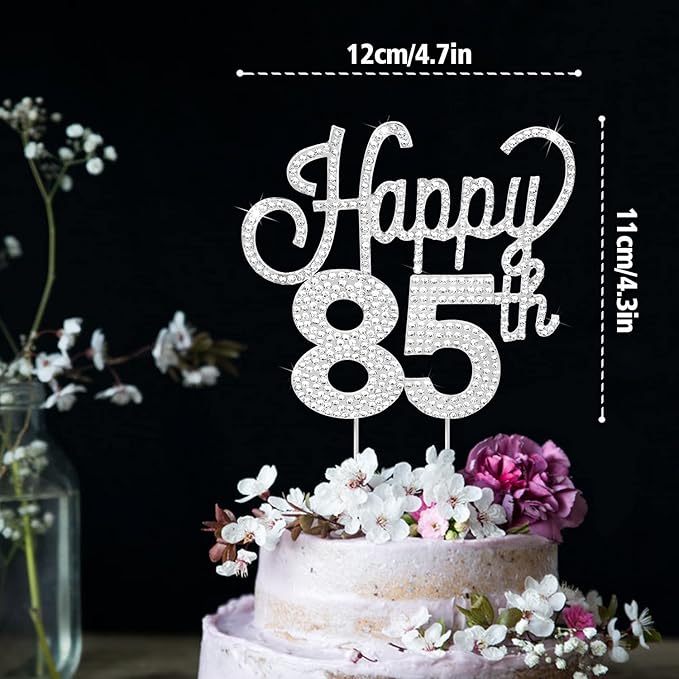 LINGTEER Happy 85th Birthday Silver Rhinestone Cake Topper - Cheers to 85th Birthday 85 Years Old Anniversary Party Cake Centerpieces Topper Decorations Gift Sign.