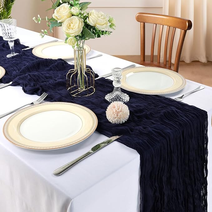 6 Pack 10FT Navy Blue Cheesecloth Table Runner 120 Inch Long Gauze Rustic Boho Spring Cheese Cloth Table Runner Sheer Fabric Decorations for Holiday Party Wedding Banquet Bridal Baby Shower Décor