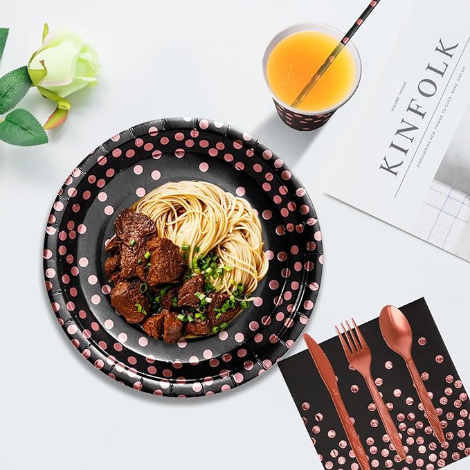 Nkaiso Paper Plates and Napkins Set, 193 Pieces Black and Rose Gold Party Supplies Includes Paper Plates Cups Napkins Straws and Cutlery for Birthday Wedding Holidays Parties Decorations-24 Guests