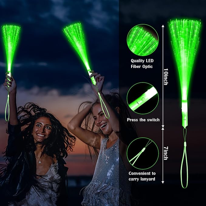 72 PCS Green Fiber Optic Wands Glow Fiber Wands Bulk LED Light Up Wands with 3 Flashing Modes LED Flashing Sticks for Hawaii Carnival Christmas St. Patrick’s Day Wedding Bridal Shower Birthday