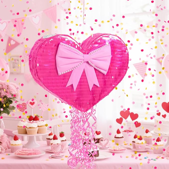 WERNNSAI Heart Piñata - Pink Heart Pull String Piñata Decoration for Women' Birthday Party Couples Dating Supply Engagement Wedding Surprise with Blindfold Stick (16.5" x 13.5" x 3")