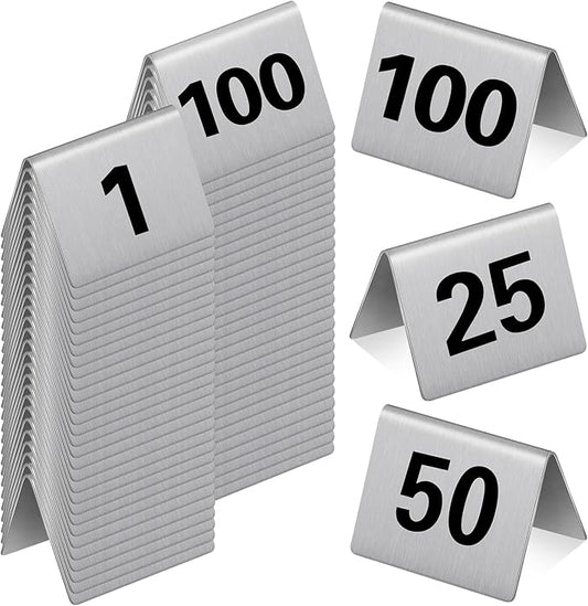 Wenqik 100 Pack Stainless Steel Table Numbers 1-100, 2 x 1.6 Inch Double Sided Tent Style Number Signs Tabletop Display Cards for Wedding Reception, Restaurant, Party, Cafe and Event Seating