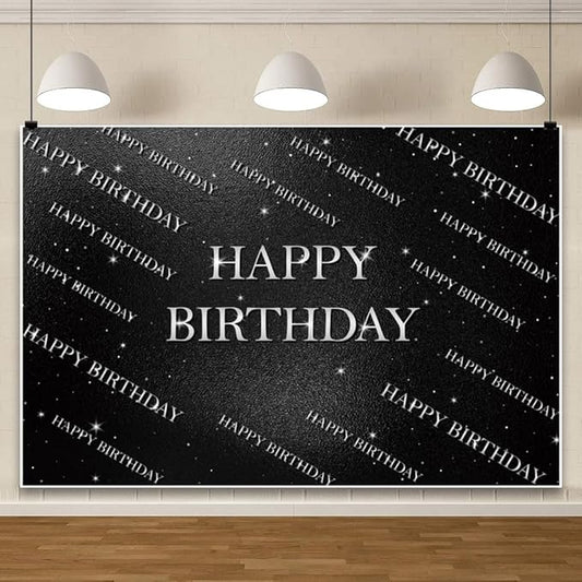 Chloroplastid Black & Silver Birthday Backdrop 10x8ft Black Leather Theme Happy Birthday Photography Background Men Women 30th 40th 50th 60th Party Banner Decor Photo Studio Props