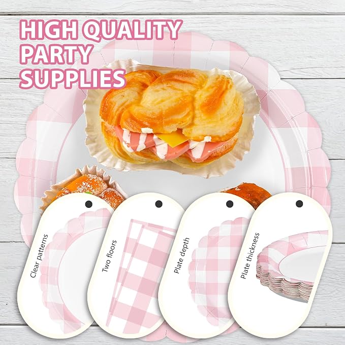 96Pcs Pink Gingham Party Decorations Light Pink & White Scalloped Checkered Plaid Plates and Napkins Tableware Sets for Girls Birthday Baby Shower BBQ Pastel Theme Dinner Party Supplies Serves 24