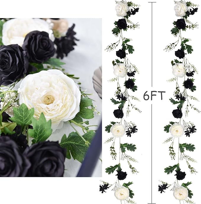 DearHouse 2Pcs Artificial Peony Flower Garland - Silk Peony Garland with Black White Flowers for Wedding Party Table Decoration,6ft/Strand (2, White & Black)