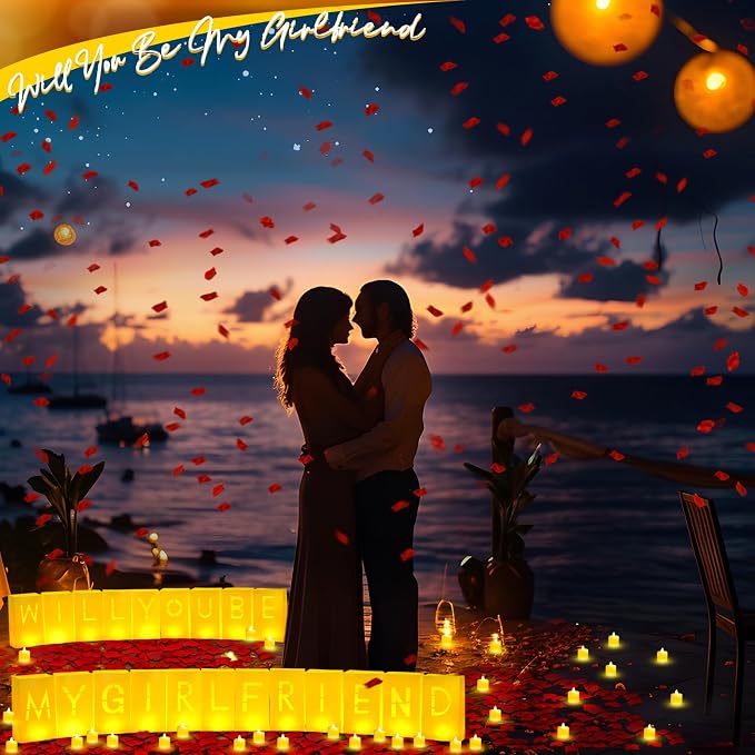 Aurelema 6093 Pcs Will You Be My Girlfriend Light up Letters with LED Flameless Tealight Candle Red Rose Petal Letter Luminary Paper Bag for Valentine's Day Decoration Romantic Special Night Decor