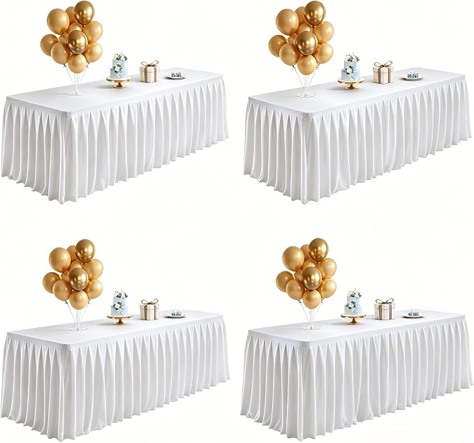 Wish Care 4 Pack Satin Table Cover Skirts for 6ft Rectangular Tables, White Shimmer Silk Tablecloth with Floor Length Ruffle for Wedding Banquet Party Buffet Decoration