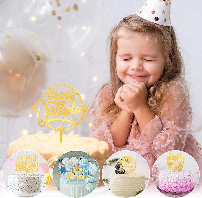 150 Pcs Happy Birthday Cake Toppers Acrylic Cake Topper Glitter Birthday Cake Decorations Double Sided for Adults Various Cake Decoration Party Supplies(Gold,Retro)