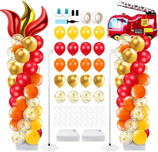 Kasyat 2 Set Fire Truck Party Balloon Column Stand Kit with 2 Fire Truck and 100 Latex Balloons, fire Truck Party Supplies for Wedding Baby Shower Birthday Party