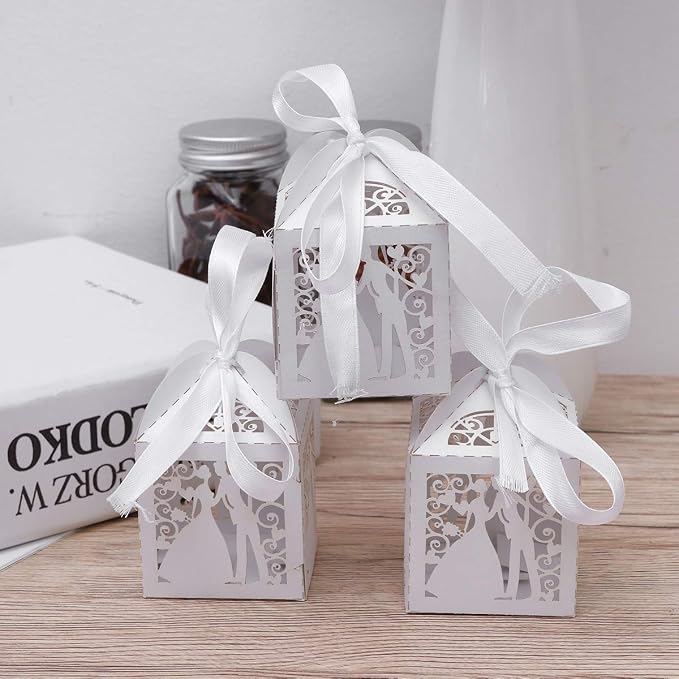 Tinksky 100pcs Wedding Candy Boxes Couple Design Luxury Lase Cut Party Wedding Favor Ribbon Candy Boxes Gift Box Table Decorations (White)