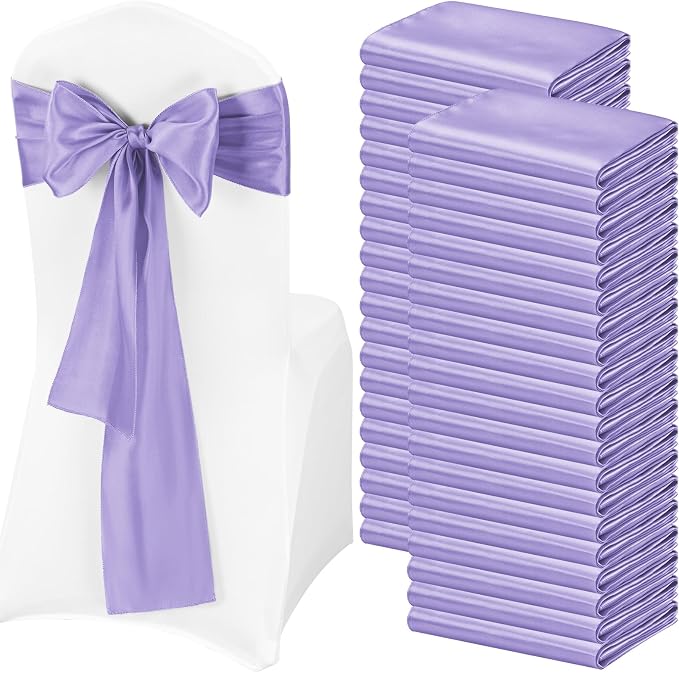 120 PCS Lavender Satin Chair Sashes Bows Purple Satin Chair Sashes Universal Chair Cover for Wedding Reception Restaurant Event Decoration Banquet,Party,Hotel Event Decorations (7 x 108 inch)