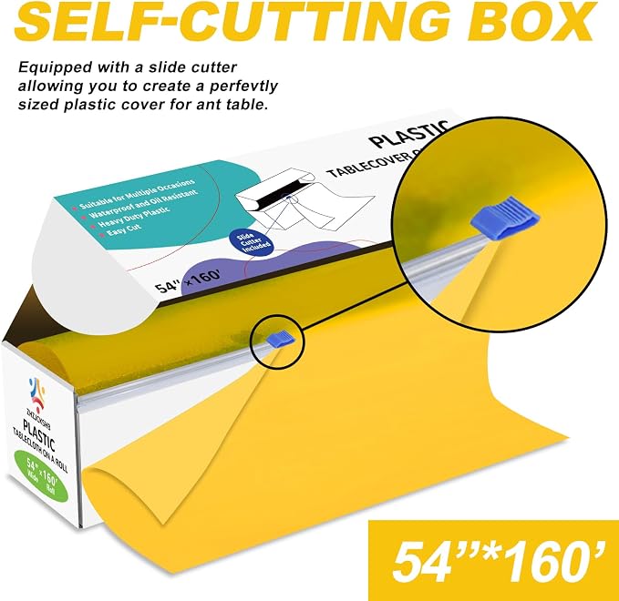 54IN X 160FT Plastic Table Cover Roll with Cutter Box, Cut to Size Plastic Table Cloths for Parties, Birthday, Disposable Tablecloth Roll for All Shape Tables (Yellow, 54 Inch X 160 Feet)