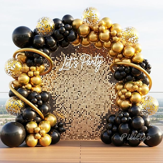 Black and Gold Balloon Arch Kit - 114 Pcs Black and Gold Balloons Garland with Confetti & Long Balloons for Men Birthday Graduation 2026 New Years Eve Retirement Party Decorations