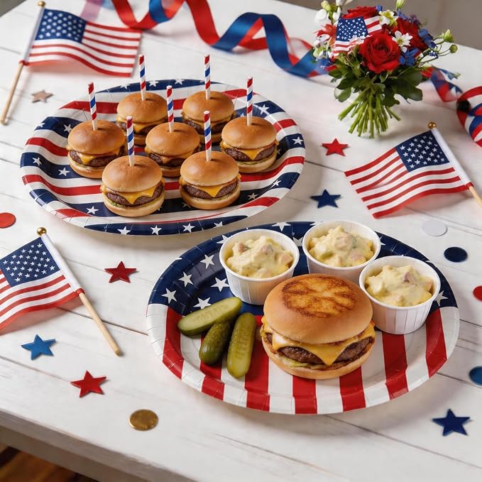 OuMuaMua 100Pcs Heavy Duty Patriotic Party Plates Supplies, American Flag Oval Disposable Paper Plates and Napkins for 4th of July Independence Day, Veterans Day, Election Day Party Decorations