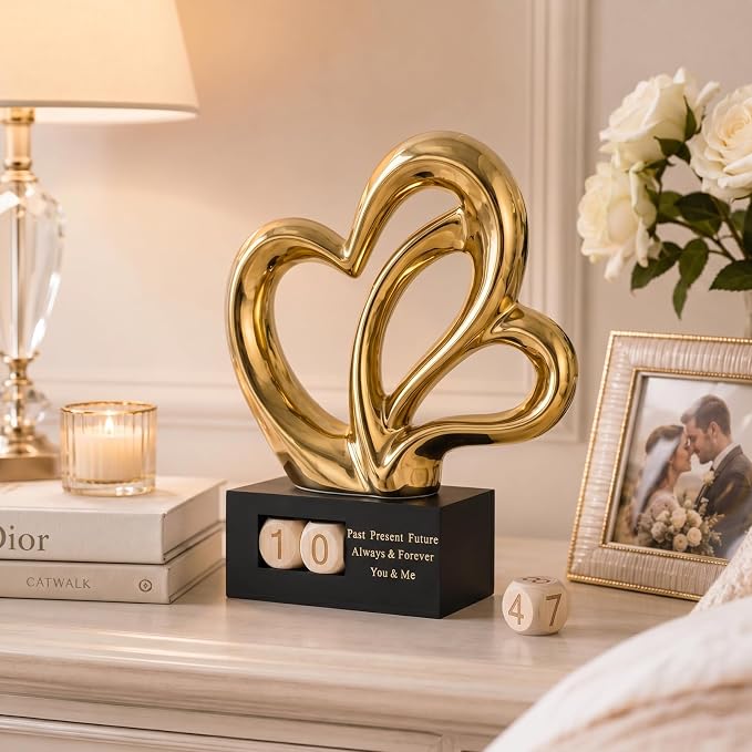 Ceramic Heart Sculpture with Date Blocks, Gold Hearts Statue for Home Decor, Romantic Valentines Day & Wedding for Couple, Shelf Mantel Tabletop Display (Gold)