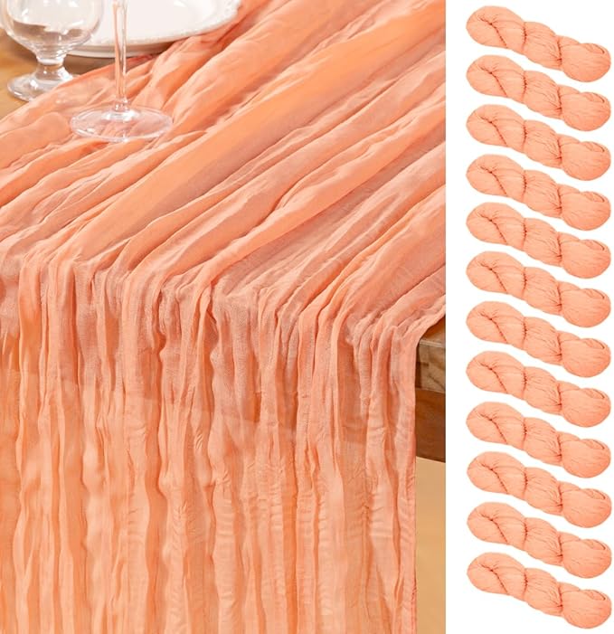 DeZerlor Peach Cheesecloth Table Runner 12 Pack Spring Easter Table Runners Boho Gauze 120 Inches Cheese Cloth Table Decor for Wedding Bridal Baby Shower Parties