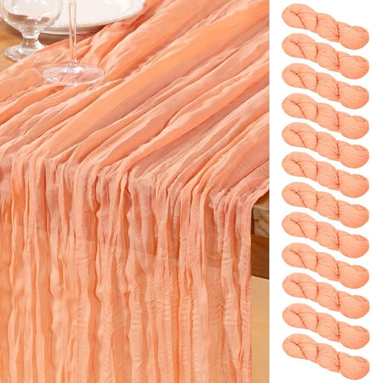 DeZerlor Peach Cheesecloth Table Runner 12 Pack Spring Easter Table Runners Boho Gauze 120 Inches Cheese Cloth Table Decor for Wedding Bridal Baby Shower Parties