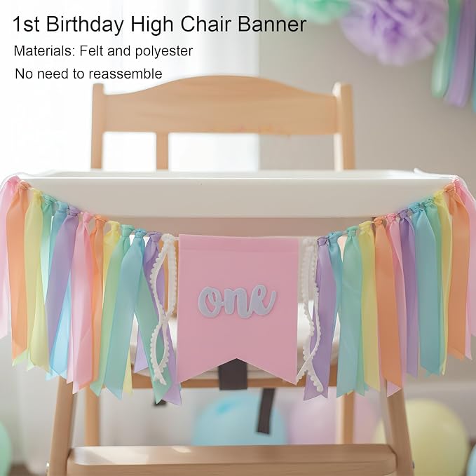 First Birthday Decorations for Girl - Complete Party Set with High Chair Banner, Party Hat, Number 1 Balloon, One Cake Topper, Latex Balloons & Birthday Banner(Pastel)