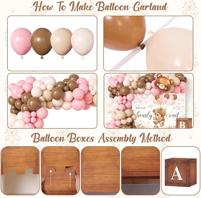Pink Bear Baby Shower Decorations for Girl, 134pcs Bearly Wait Baby Shower Decorations with Pink Brown Balloon Arch Kit, Backdrop, Wood Grain Baby Boxes for Baby Girl Shower Decor