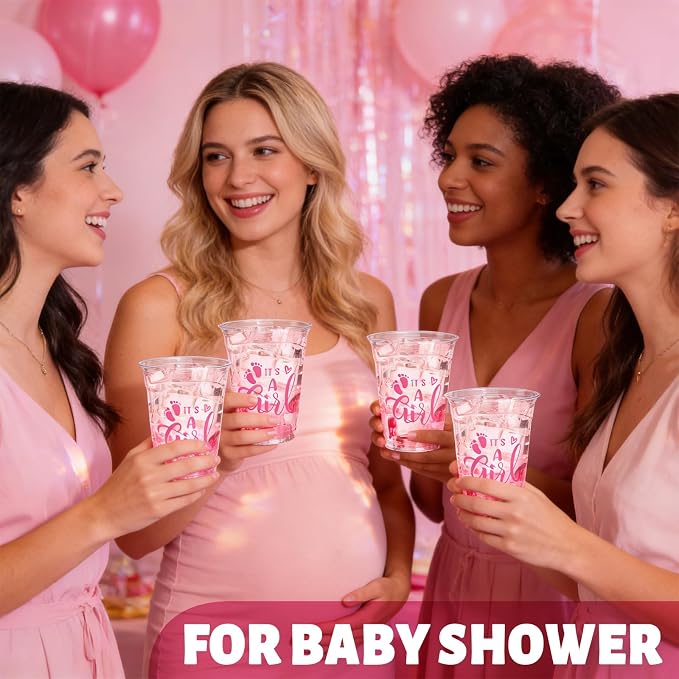 Whaline 50 Pcs Gender Reveal Girl Plastic Cups 16oz Baby Shower Clear Drinking Cups Pink It's A Girl Disposable Cup for Birthday Party Table Decoration Supplies