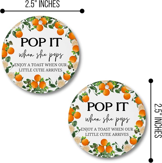 Orange Pop It When She Pops Cutie Mini Champagne Bottle Tags | 30 pk 2.5” Hang Circles with Hole for Gender Reveal Baby Shower Party Favor Sprinkle Labels Stickers