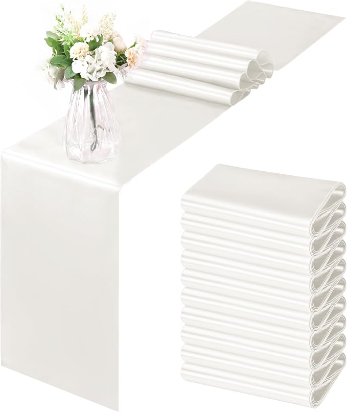 Horbaunal 12 Pack Ivory Satin Table Runner 12 x 108 Inch, Smooth Table Runners for Wedding Banquets Birthday Party