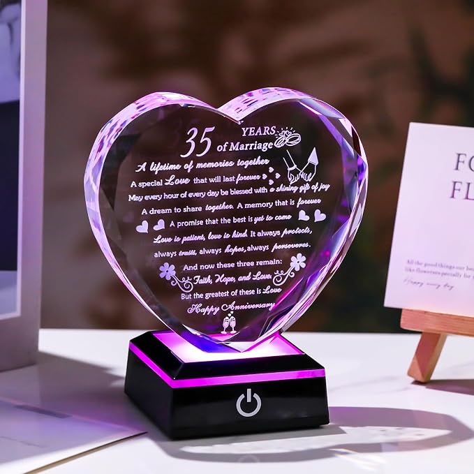 35th Wedding Anniversary Crystal Gifts for Couples Parents with Colorful LED Base, Happy 35th Anniversary Keepsake Gifts for Her Him, Romantic 35 Years of Marriage Heart Gift for Wife Husband
