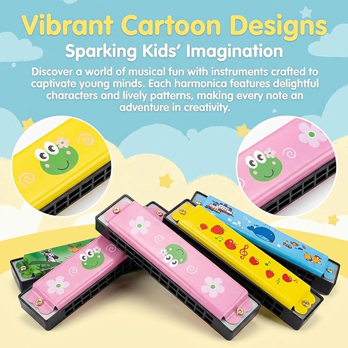 24 Pack Kids Harmonicas Birthday Party Favors - Colorful Cartoon Music Toys for Boys Girls Age 3-12, Goodie Bag Stuffers