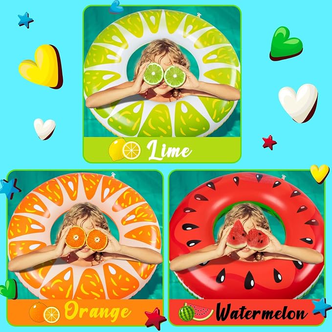 90shine 3-Pack Fruit Pool Floats: Inflatable Floaties Rings, Floating Tubes & Toys for Kids Adults, Swimming Beach Pool Party Decorations