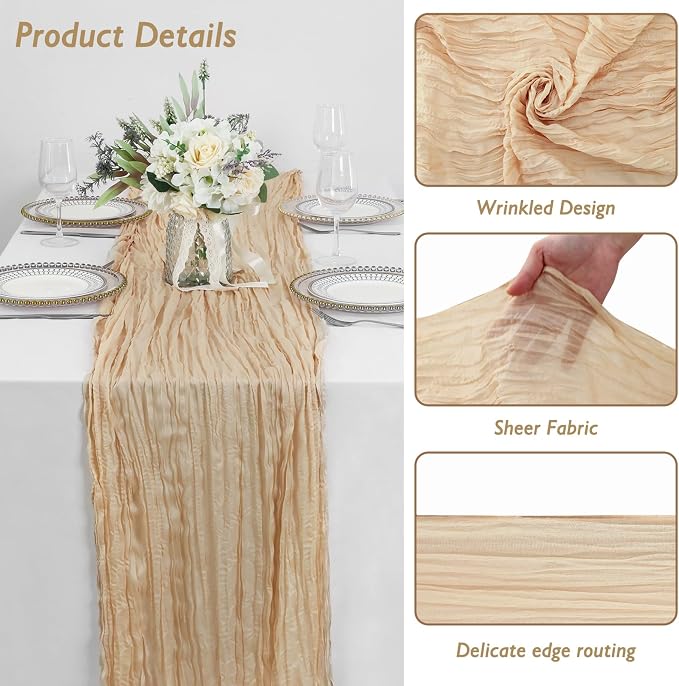 3 Pack Sand Cheesecloth Table Runner 120 Inch 10FT Cheese Cloth Fabric Beige Runners for Wedding Decoration, Boho Decor, Retro Decoration