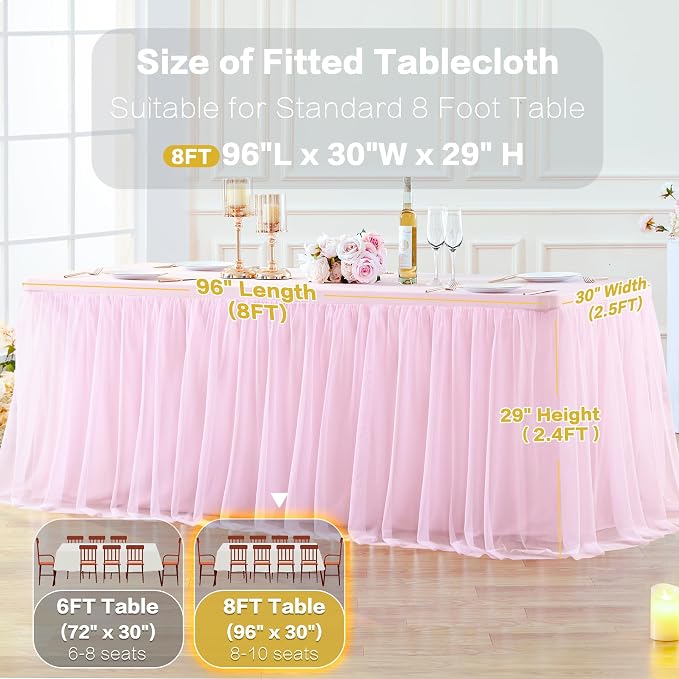 Pink Table Cloth for 8 Foot Rectangle Tables, Pink Stretch Fitted Tulle Table Covers Skirt, Rectangular Ruffle Tutu Tablecloth Wedding Banquet Baby Shower Cake Tablecloths Decorations