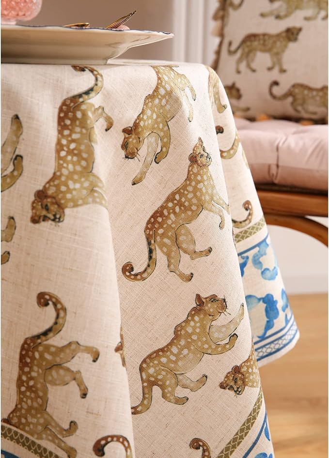 patdrea Vintage Leopard Print Linen Tablecloth,Rectangular,102"x63"-from | Fench Elegant Large Table Cloth for Rectangle Table,Animal Patterned,Dining Room Kitchen Tea Party Decoration,Durable