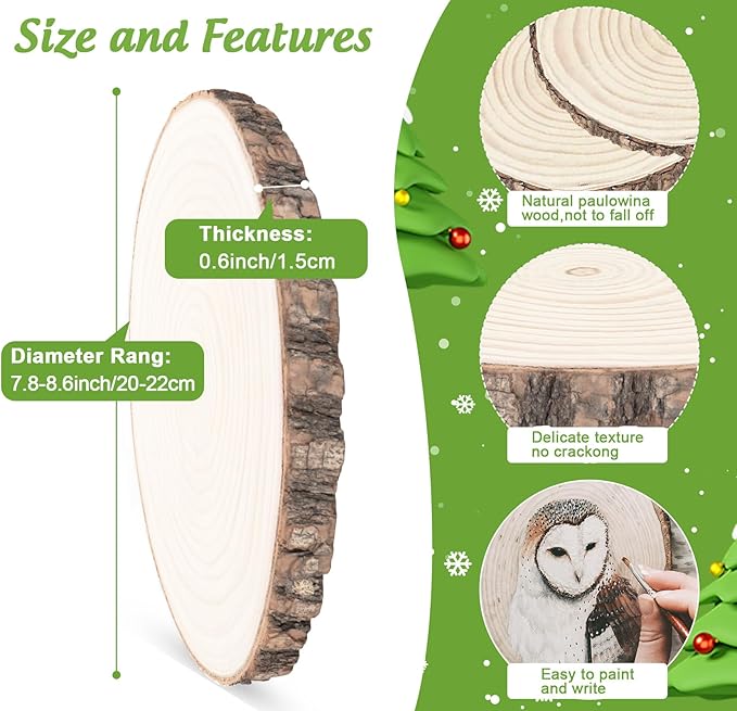 Paulownia Wood Slices 7-8inch, 2 Pack Large Natural Wood Rounds with Bark, Pre-Sanded Unfinished Wood Circles for Crafts, Wedding Centerpieces, Table Decor, DIY Coasters, Pyrography, Holiday Ornaments
