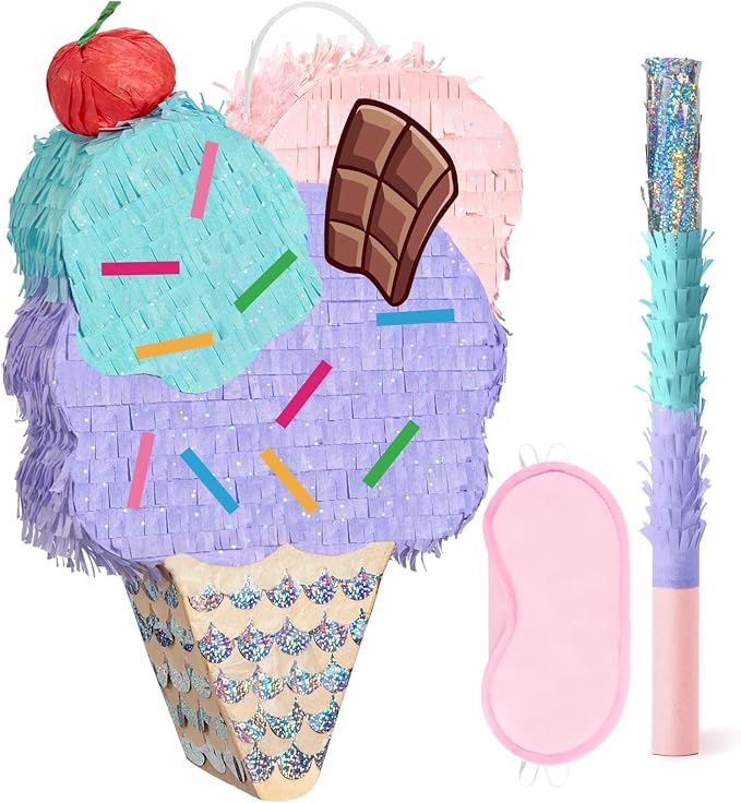 WERNNSAI Ice Cream Piñata - Summer Ice Cream Party Decorations for Kids Girls Birthday Pink Piñata Game Candyland Sweet Theme Party favors supplies with Bat Blindfold