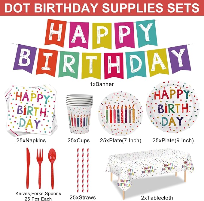 203 Pcs Happy Birthday Decorations: Party Supplies Set with Dots Design- Includes Disposable Paper Birthday Plates and Napkins, Cups, Tablecloth, and Banner for Boys/Girls, Serves 25