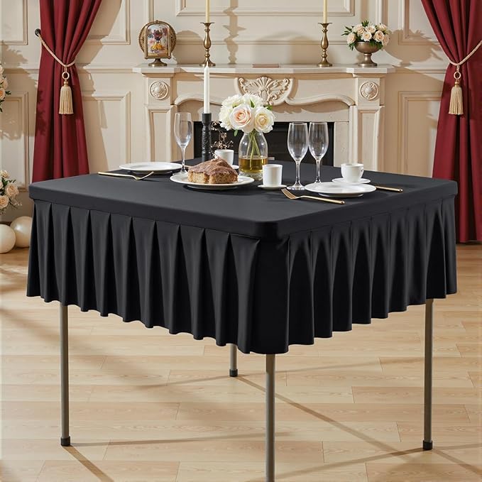 Shillance 48x48 Inch Black Spandex Square Tablecloth 2 Pack,Wrinkle Free Black Fitted Table Cloth for Square Tables,Washable Pleated Table Cover for Wedding Birthday Cocktail Party Buffet Dinner