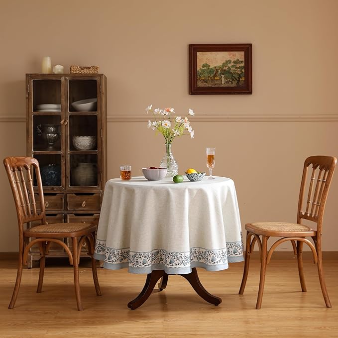 ISAENNE Designer Linen Round Tablecloth,Diameter 67"-Segerman B | Chinoiserie Vintage Elegant Floral Durable Table Cloth,Beautiful,Heavyweight,Dining Room,Tea Party,Kitchen,Thanksgiving