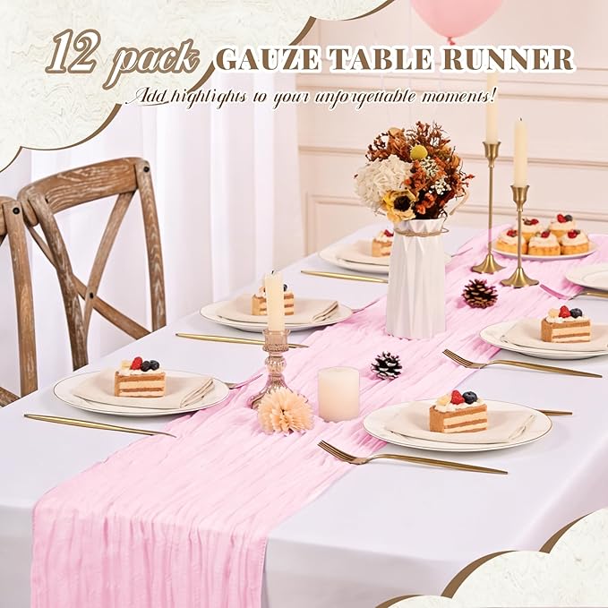 24 Pack Cheesecloth Table Runner,Light Pink Table Runner Long Romantic Semi Sheer Rustic Boho Gauze Table Runners for Wedding Bridal Shower Birthday Party Decorations(17.7×108 Inch)