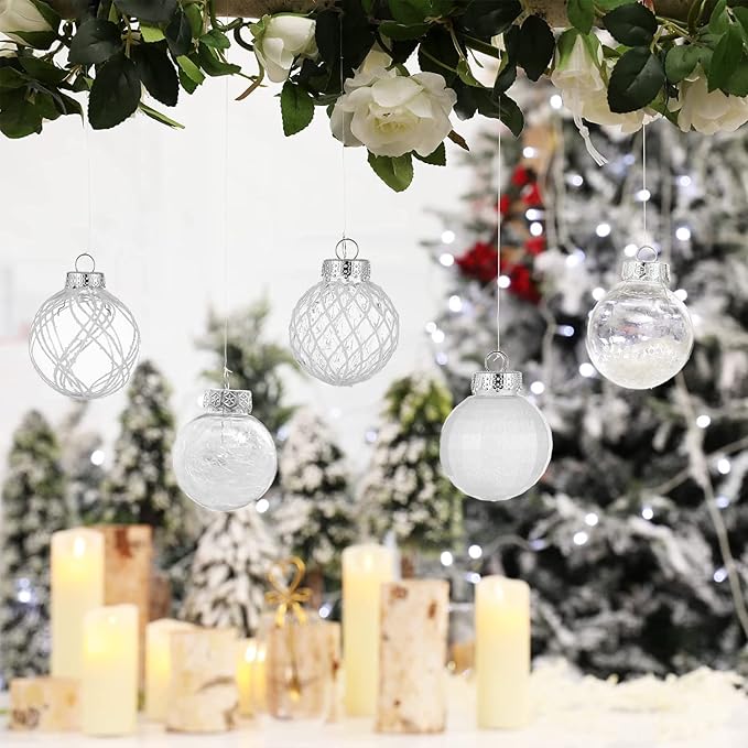 CristBest 30ct Christmas Ball Ornaments-60mm/2.36" Shatterproof Clear Plastic Xmas Balls Baubles Set with Stuffed Delicate Sparkling, Hanging Christmas Tree Decorations(White)