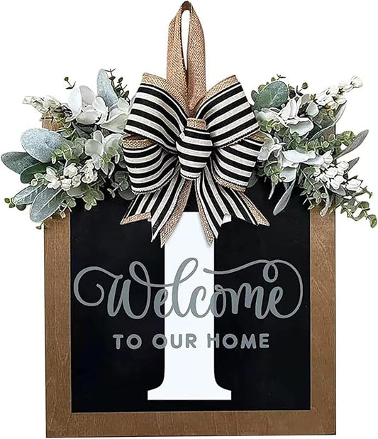Last Name Year Round Front Door Wreath Front Porch Decoration 26 Letter Welcome Sign with Eucalyptus Garland and Bow Spring Wreaths for Front Door Outside Hanger Garland（I）