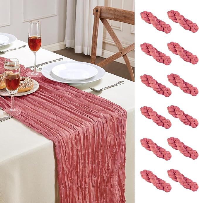 12 Pack Rose Cheesecloth Table Runner 10FT Long Easter Spring Boho Gauze Table Runner Rustic Sheer Runner for Wedding Bridal Baby Shower Birthday Party Table Decor Home Easter Decorations