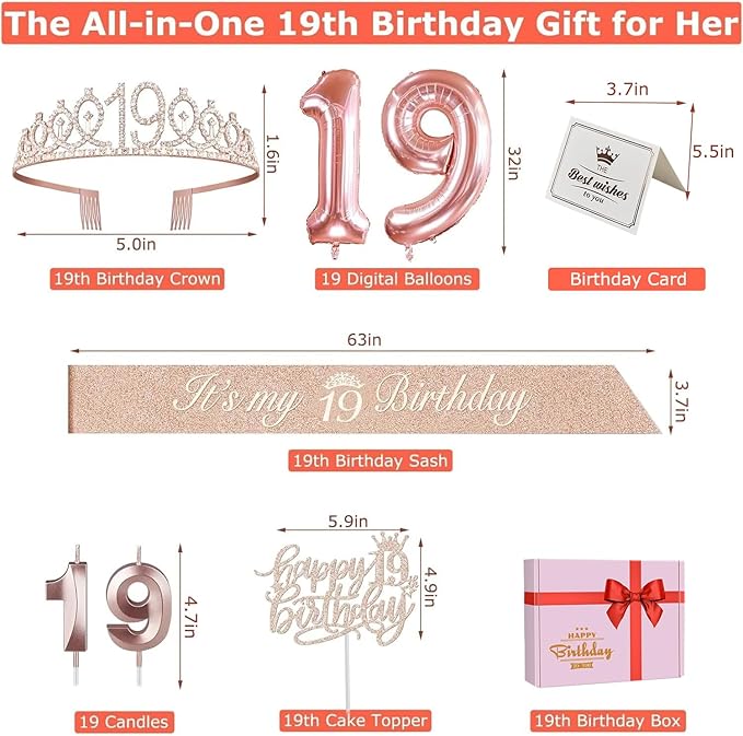 19th Birthday Decorations for Girl, Including 19th Birthday Tiara and Sash, Cake Topper and Candles, Number Balloons, Greeting Card, 19 Year Old Gifts for Girls